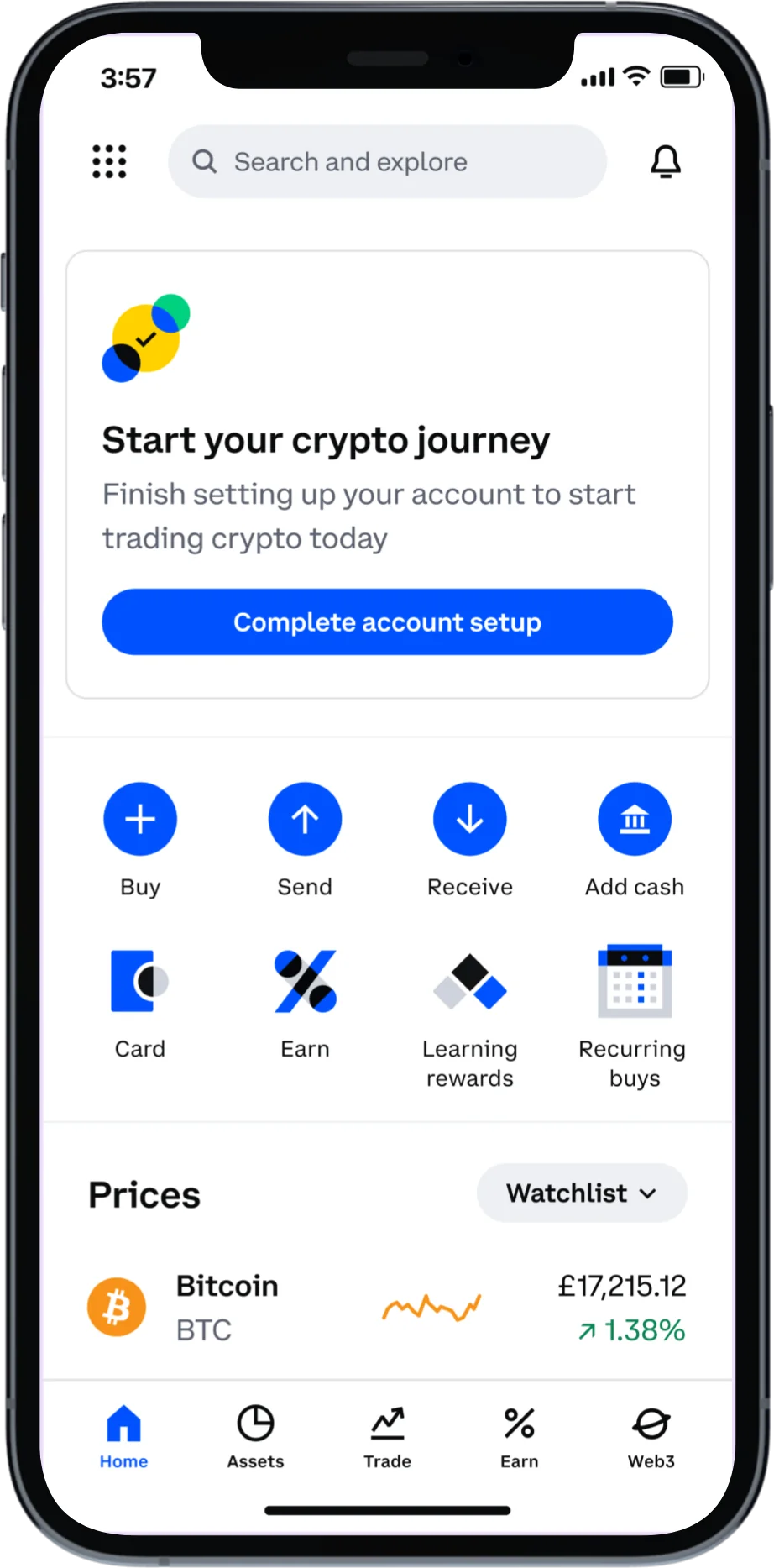 Coinbase app home: start your crypto journey, quick actions and prices