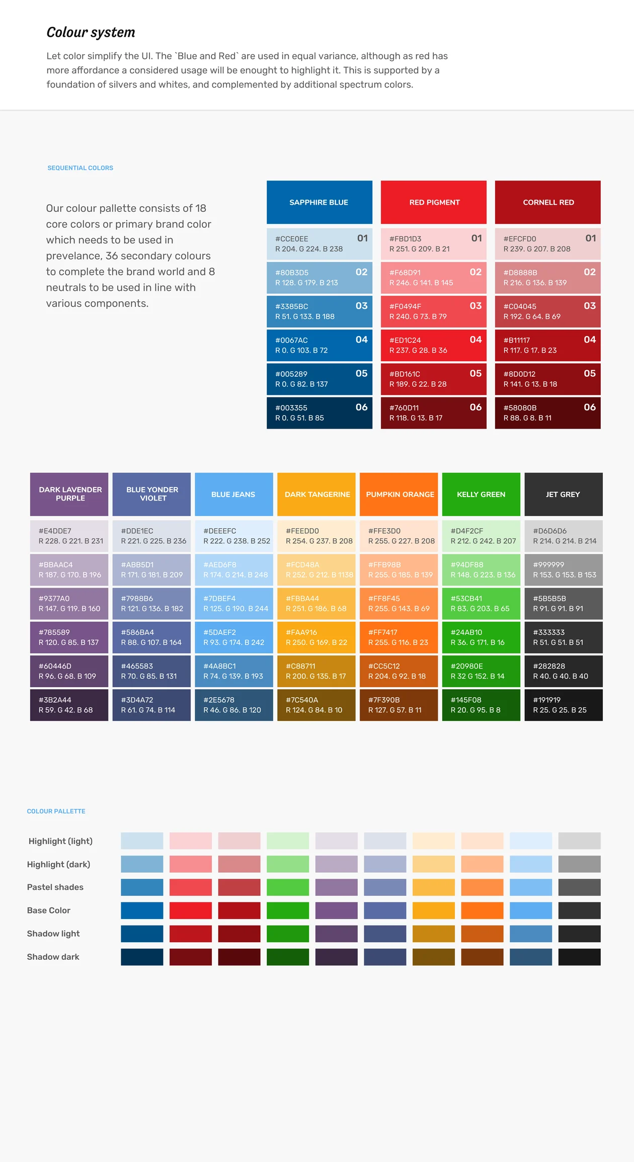 HDFC Life design system: brand, secondary and tint colour palettes